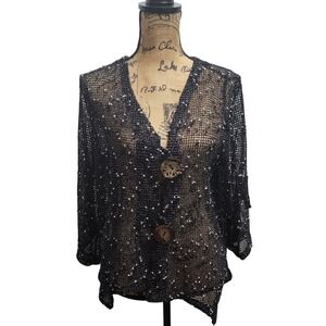 Nina Leonard Women‎ Black Textured Knit Open Front Cardigan Sweater XL